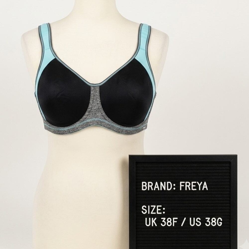 Freya Core Underwire Sports Bra UK 38F US 38G Grey Aqua Blue AA4892 High Impact
